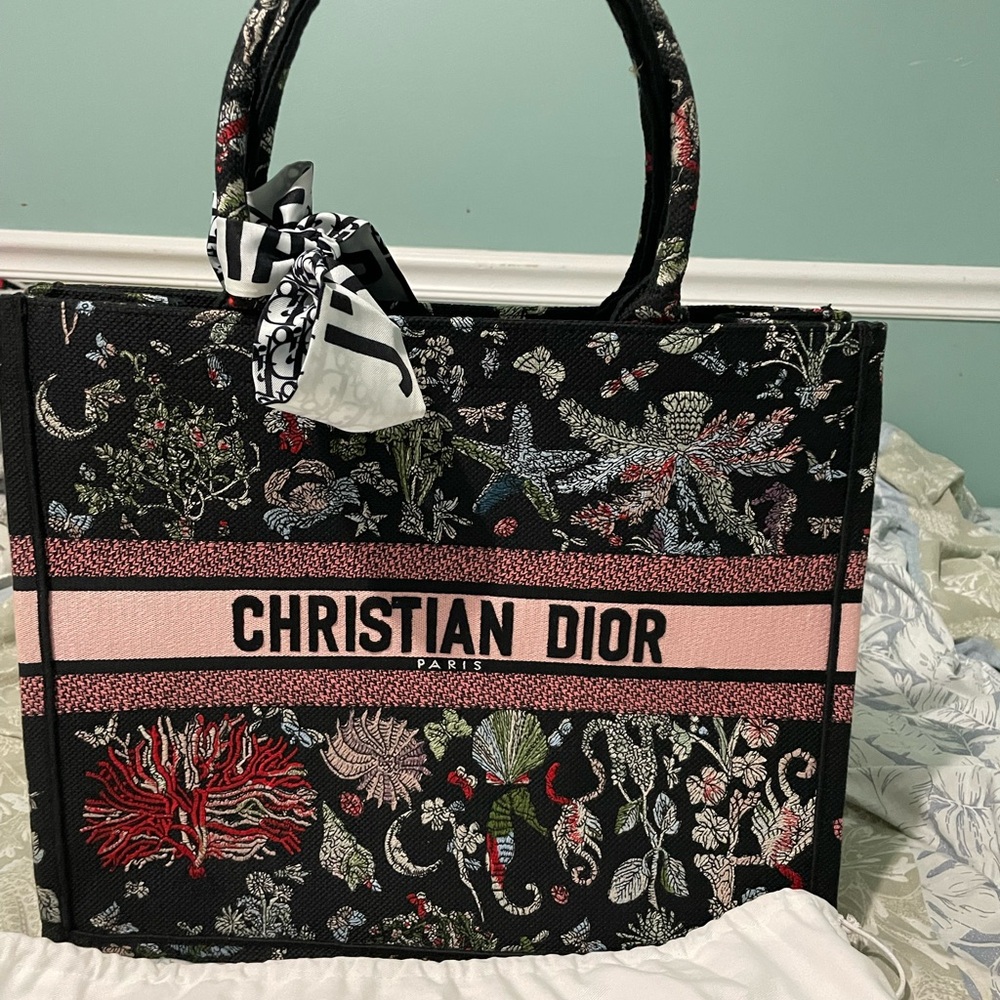 Dior Black and Pink Floral Embroidered Tote